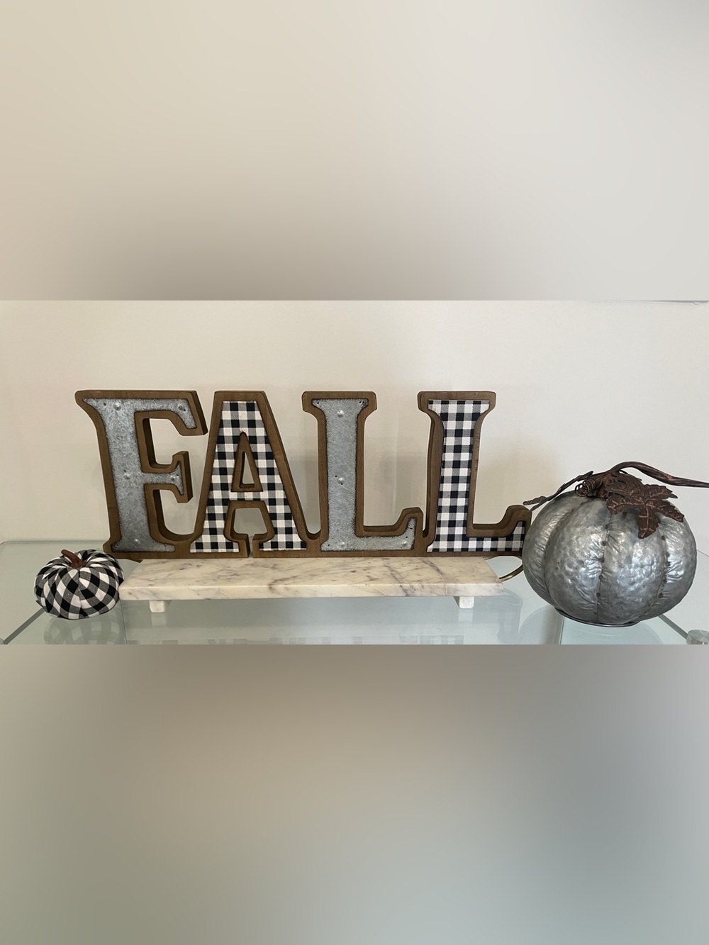 Decorative “FALL” with Black & White Gingham & Galvanized Metal Sign & Pumpkins